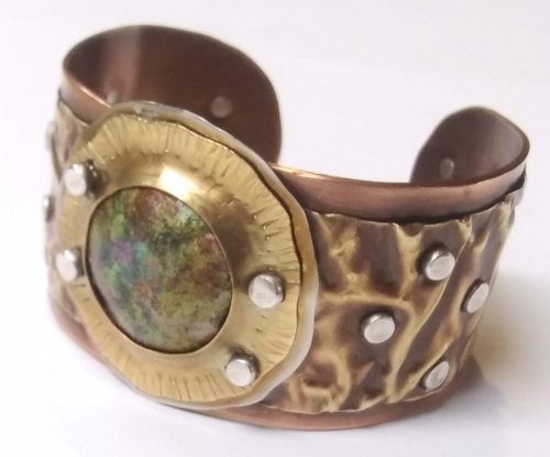 Fold Formed Cuff With Faux Roman Glass or Coin Cabochon
