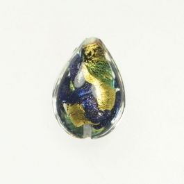 Small Aventurina Swirl Teardrop Aqua w/ Blue Aventurina, 24kt Yellow Gold, Size 20mm