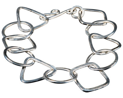 Geometric Links Bracelet teaches jump ring shaping, fine soldering, working with heavy-gauge wire, and making a clasp, as well as tumbling and finishing